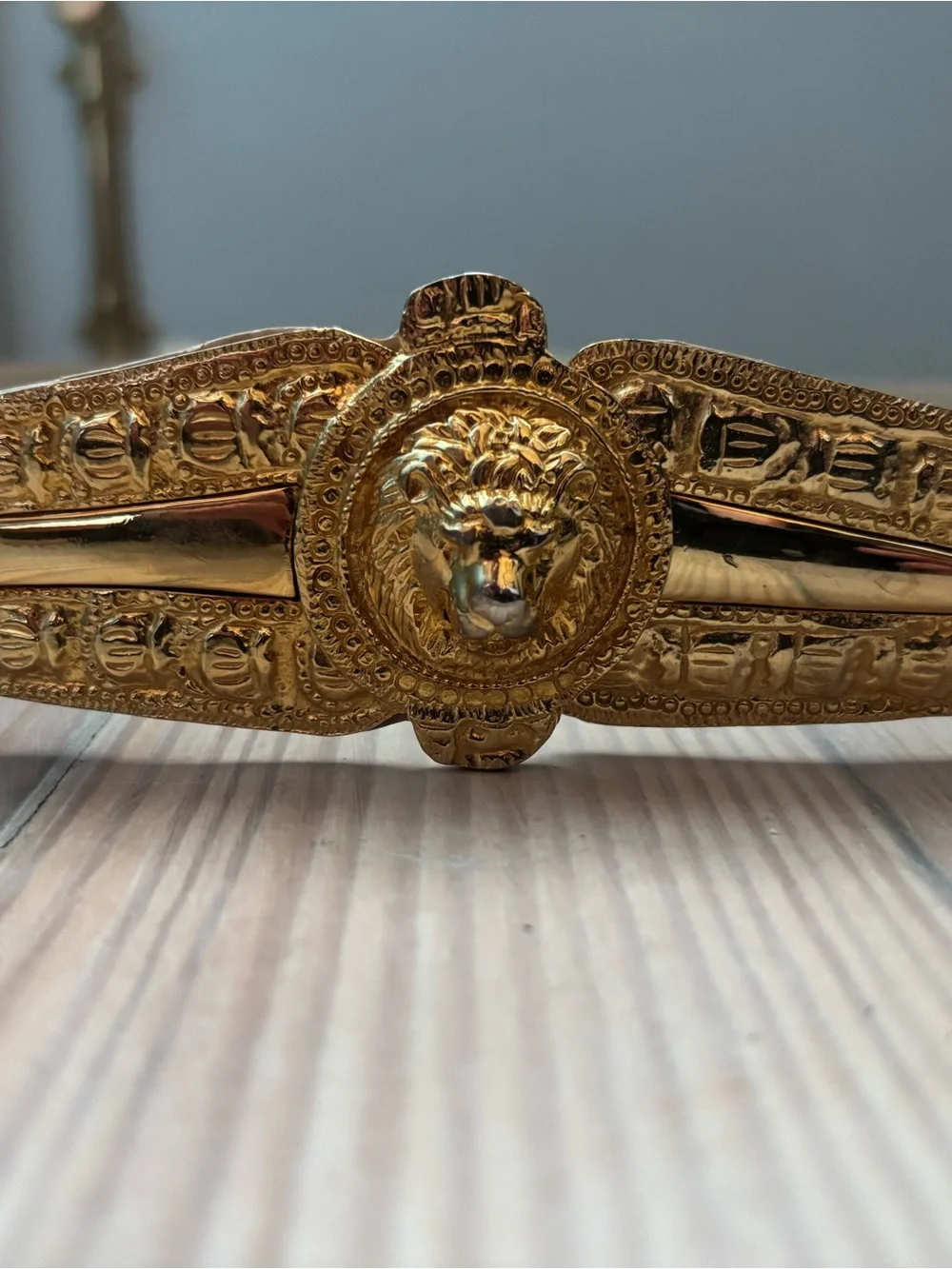 Vintage Judith Leiber Ivory Snakeskin Signature Belt with Gold Lion Crest